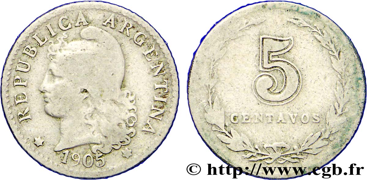 ARGENTINA 5 Centavos “Liberté” 1905  VF 