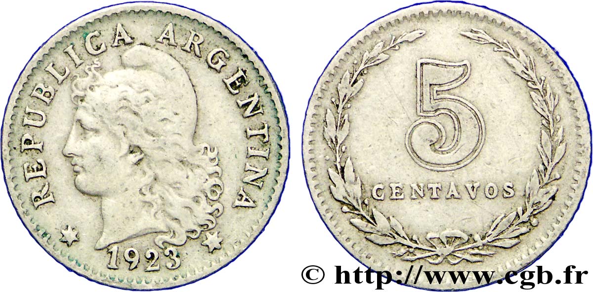 ARGENTINA 5 Centavos “Liberté” 1923  XF 