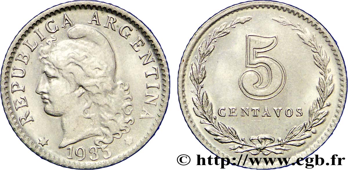 ARGENTINIEN 5 Centavos “Liberté” 1935  VZ 