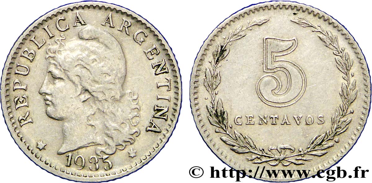 ARGENTINA 5 Centavos “Liberté” 1935  XF 