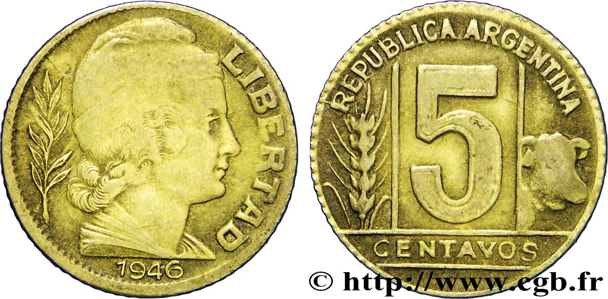 ARGENTINIEN 5 Centavos “Liberté” 1946  SS 