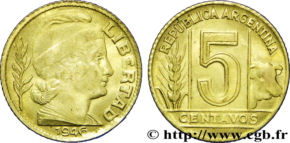 ARGENTINIEN 5 Centavos “Liberté” 1946  fST 