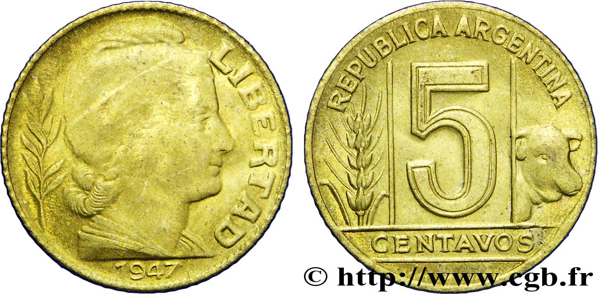 ARGENTINIEN 5 Centavos “Liberté” 1947  fST 