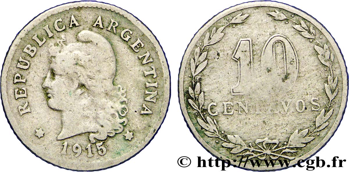 ARGENTINIEN 10 Centavos Liberté au bonnet 1915  S 
