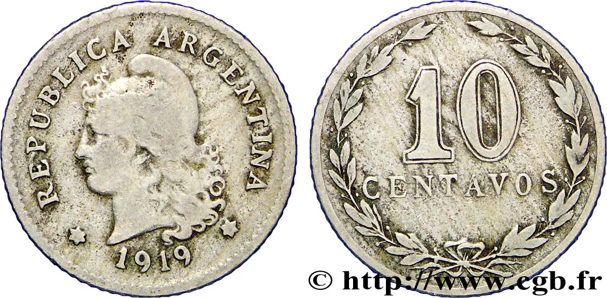 ARGENTINA 10 Centavos Liberté au bonnet 1919  BC 