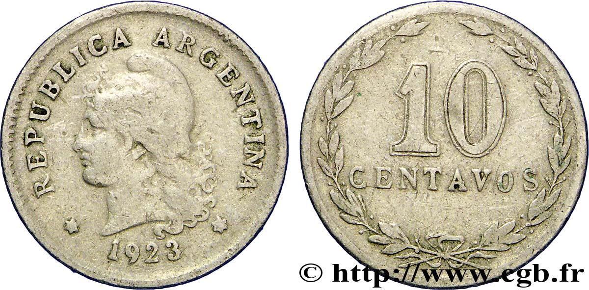 ARGENTINA 10 Centavos Liberté au bonnet 1923  BC 