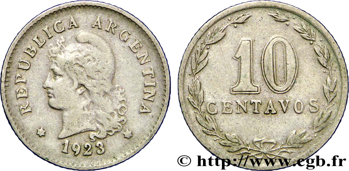 ARGENTINA 10 Centavos Liberté au bonnet 1923  MBC 