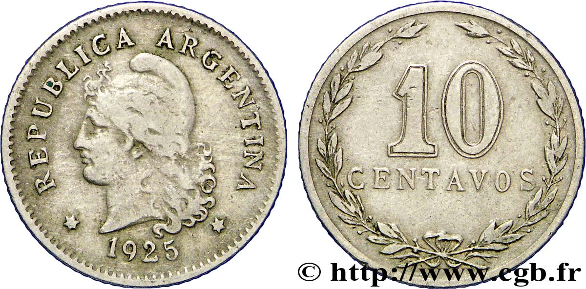 ARGENTINA 10 Centavos Liberté au bonnet 1925  BC 