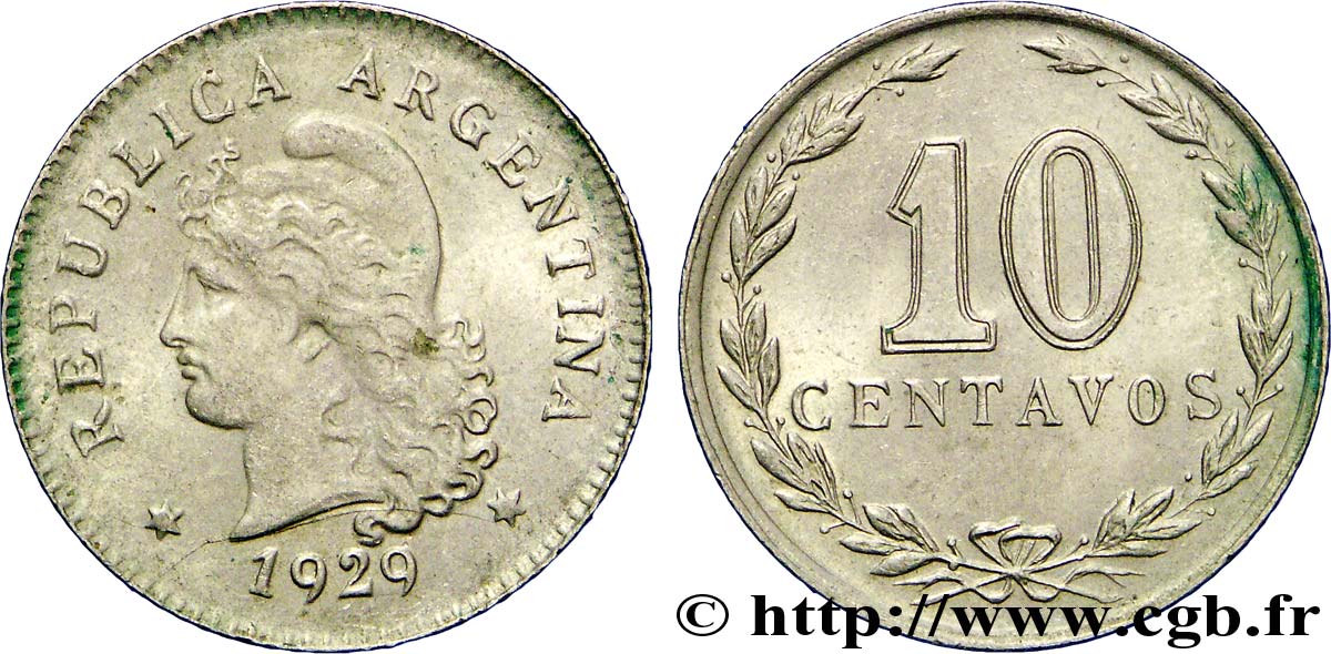 ARGENTINA 10 Centavos Liberté au bonnet 1929  SPL 
