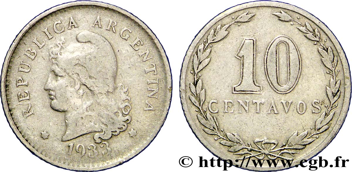 ARGENTINA 10 Centavos Liberté au bonnet 1933  BC 
