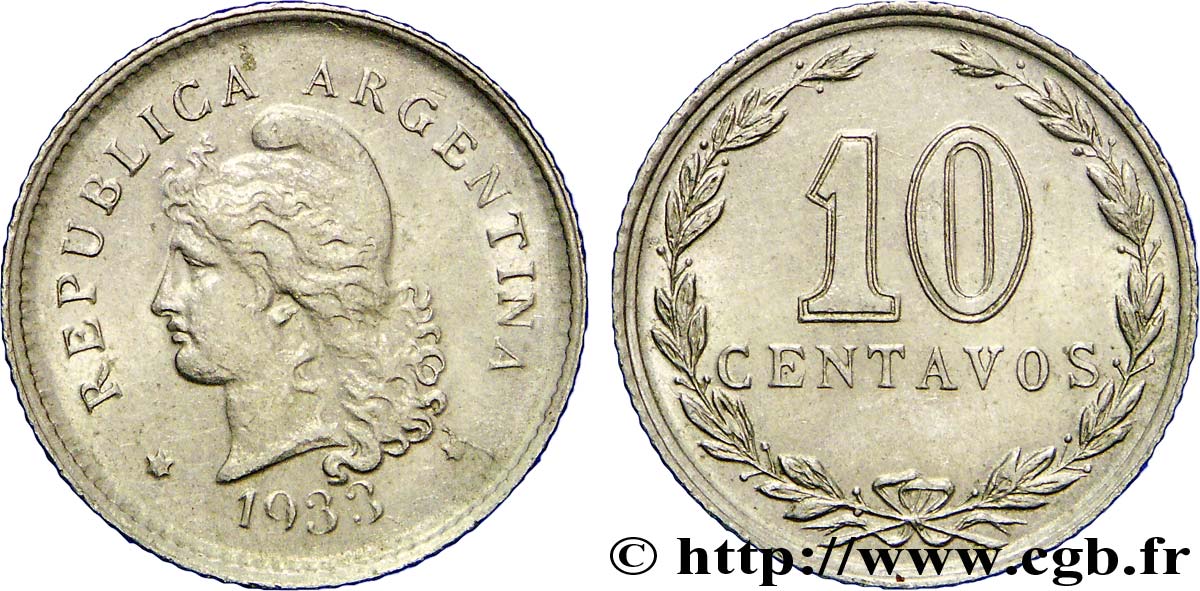 ARGENTINIEN 10 Centavos Liberté au bonnet 1933  VZ 