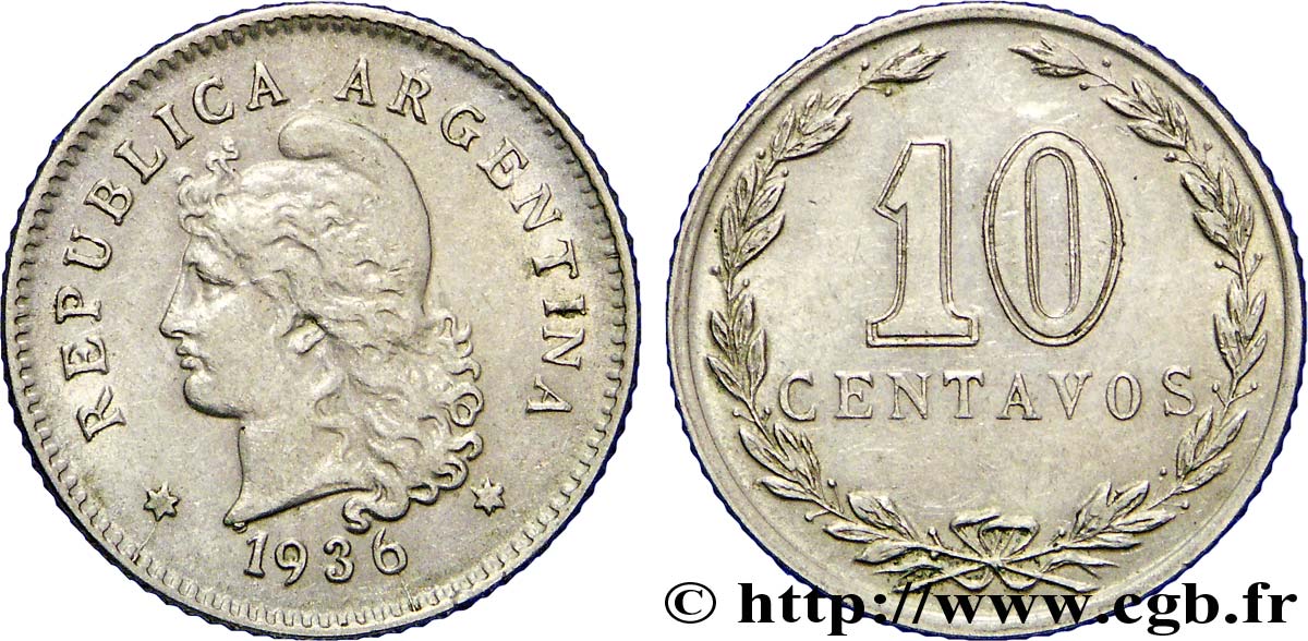 ARGENTINIEN 10 Centavos Liberté au bonnet 1936  VZ 