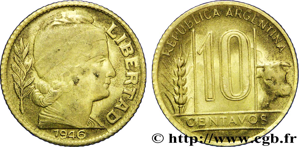 ARGENTINA 10 Centavos épi et boeuf / Liberté au bonnet 1946  EBC 