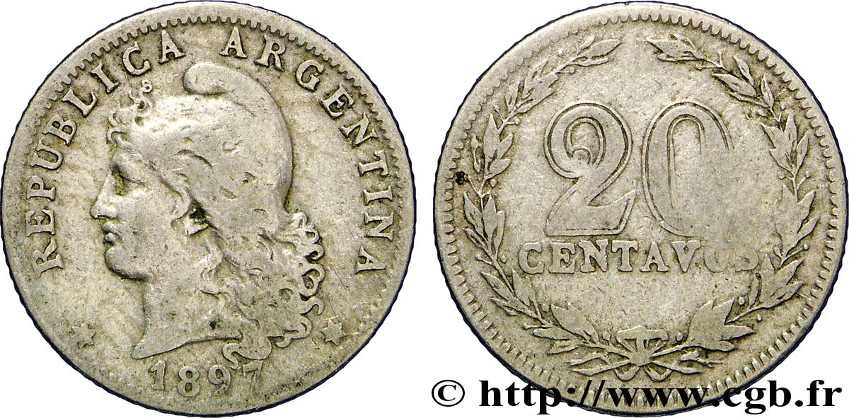 ARGENTINA 20 Centavos Liberté au bonnet  1897  BC 