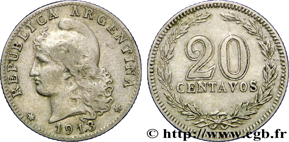 ARGENTINIEN 20 Centavos Liberté au bonnet  1913  SS 