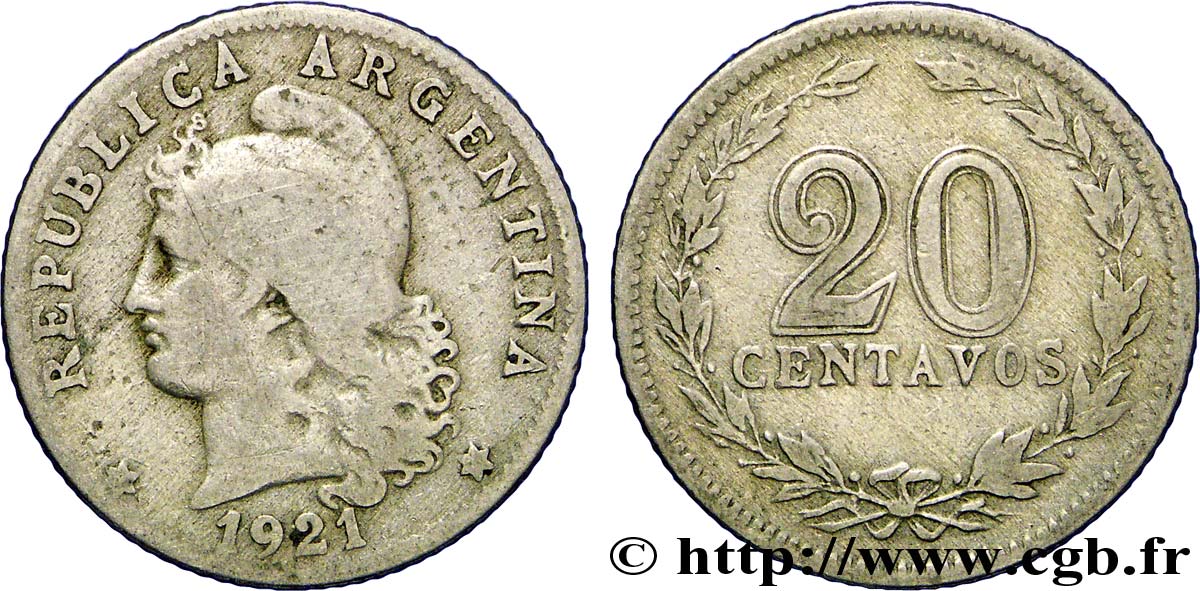 ARGENTINIEN 20 Centavos Liberté au bonnet  1921  S 
