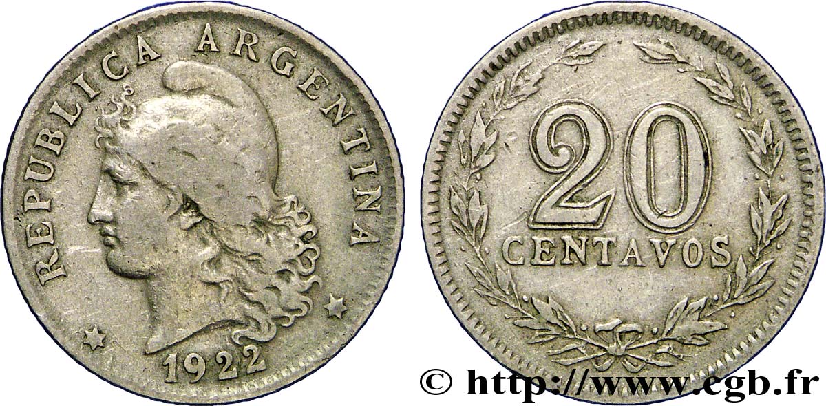 ARGENTINA 20 Centavos Liberté au bonnet  1922  BC+ 