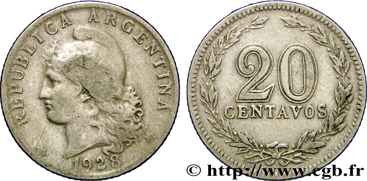 ARGENTINA 20 Centavos Liberté au bonnet  1928  BC 