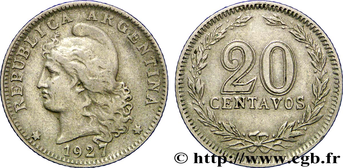 ARGENTINA 20 Centavos Liberté au bonnet  1927  XF 