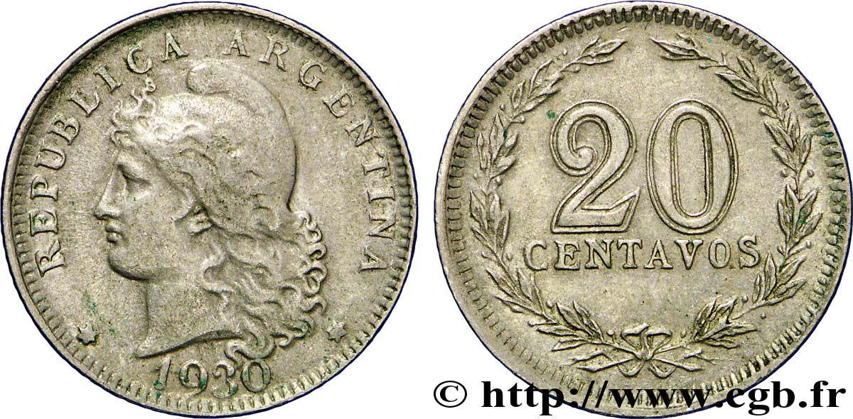 ARGENTINA 20 Centavos Liberté au bonnet  1930  AU 
