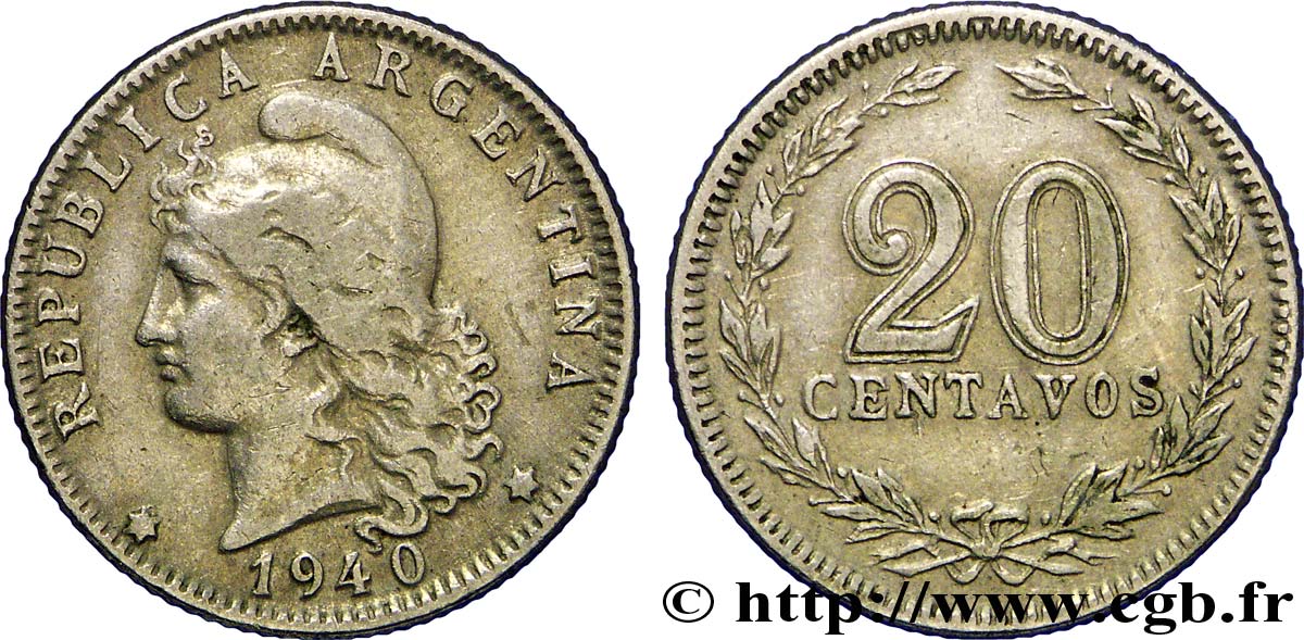 ARGENTINA 20 Centavos Liberté au bonnet  1940  BB 