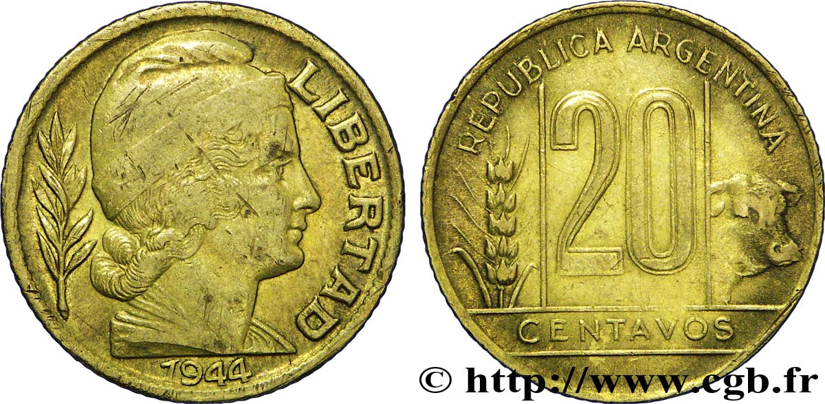 ARGENTINA 20 Centavos épi et boeuf / Liberté au bonnet  1944  BC 