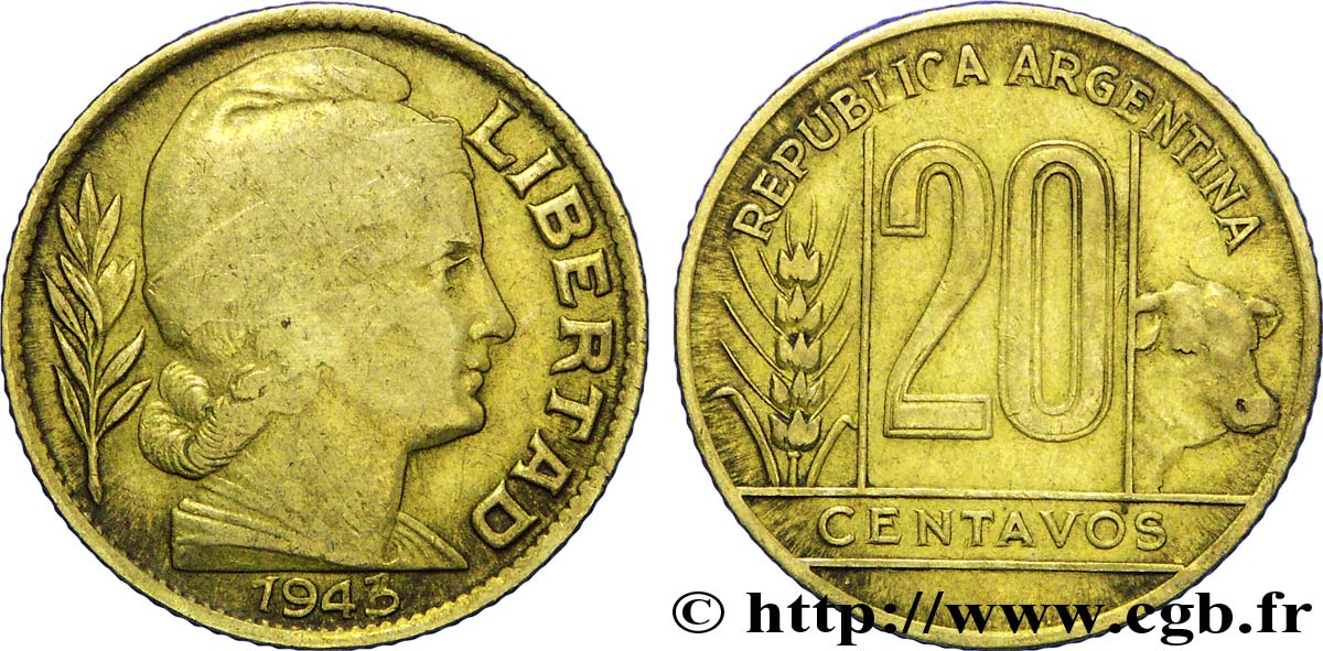 ARGENTINA 20 Centavos épi et boeuf / Liberté au bonnet  1943  BC 