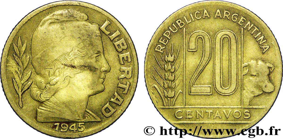 ARGENTINA 20 Centavos épi et boeuf / Liberté au bonnet  1945  MBC 