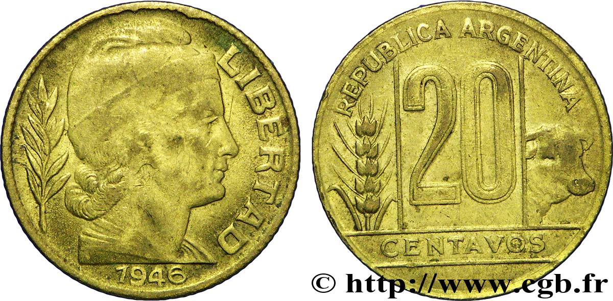 ARGENTINA 20 Centavos épi et boeuf / Liberté au bonnet  1946  EBC 