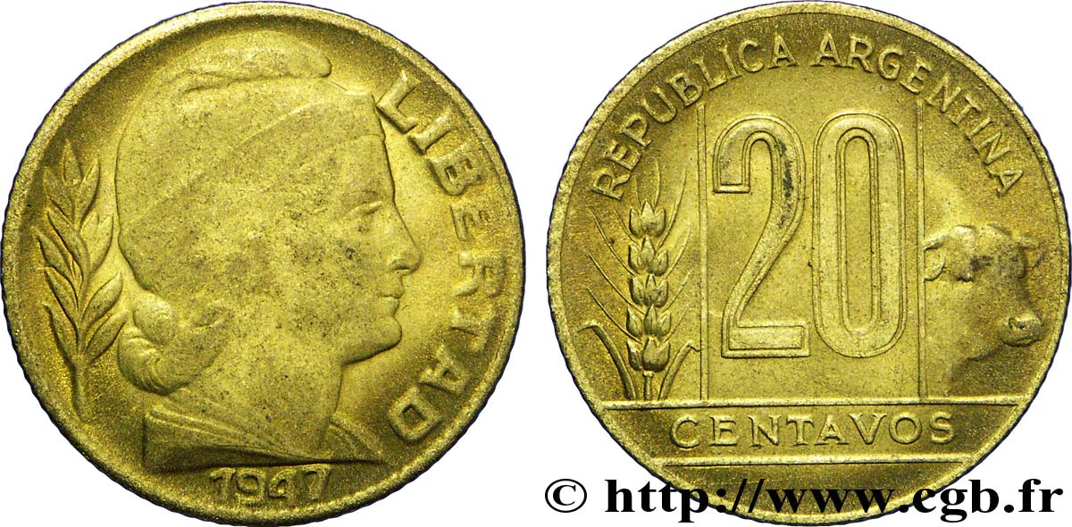 ARGENTINA 20 Centavos épi et boeuf / Liberté au bonnet  1947  AU 