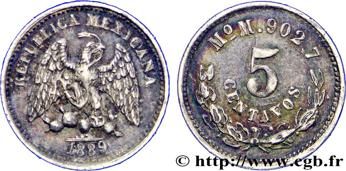 MEXIKO 5 Centavos Aigle 1889 Mexico VZ 