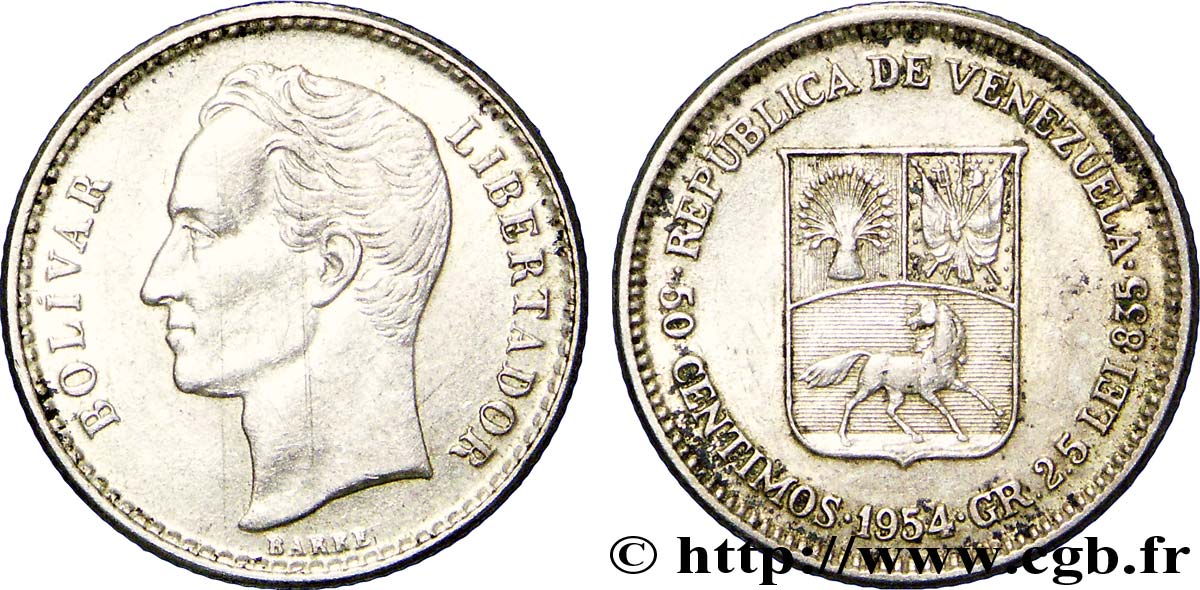 VENEZUELA 50 Centimos emblème / Simon Bolivar 1954 Philadelphie TTB+ 
