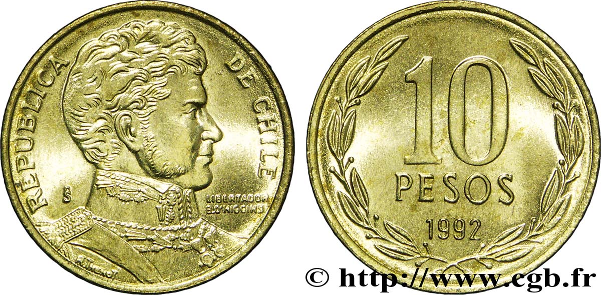 CHILE 10 Pesos Bernardo O’Higgins 1992 Santiago - S° MS 