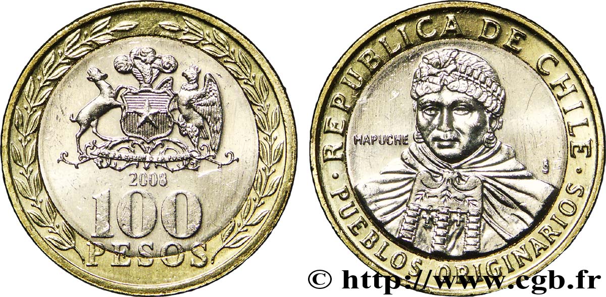 CHILE 100 Pesos indienne mapuche / emblème 2008 Santiago - S° MS 