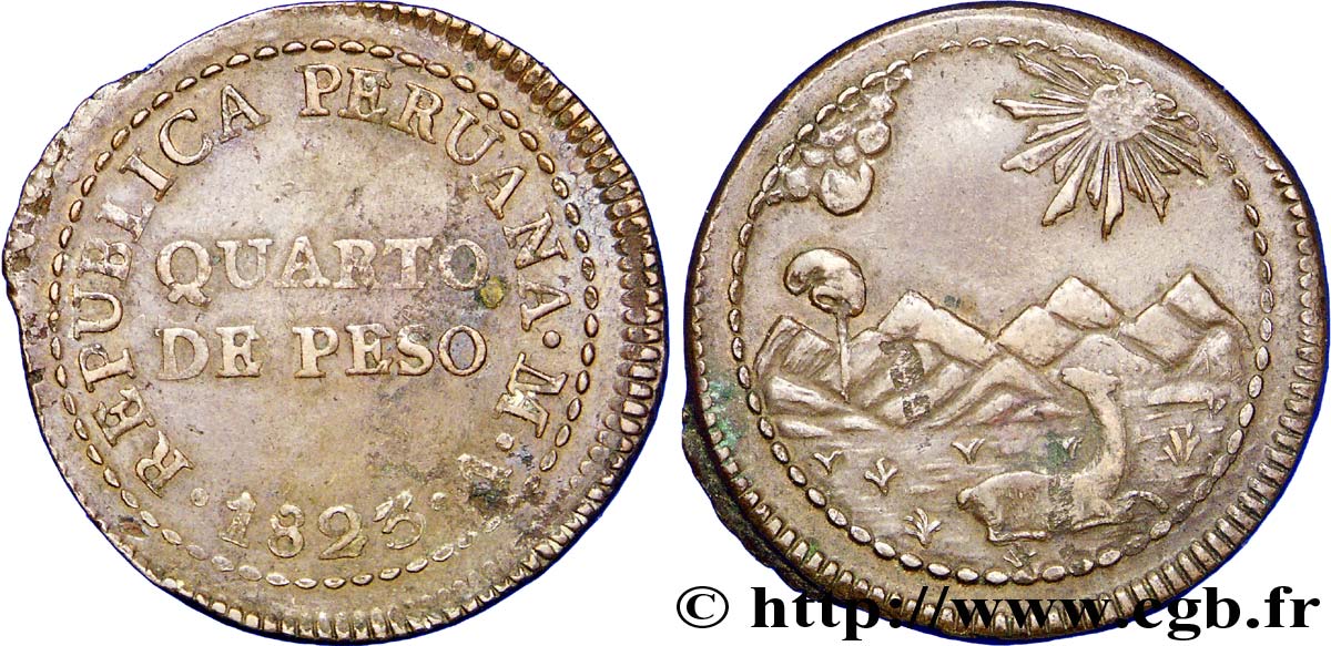 PERU 1/4 Peso monnayage provisoire républicain, variété au “V” 1823 Lima XF 