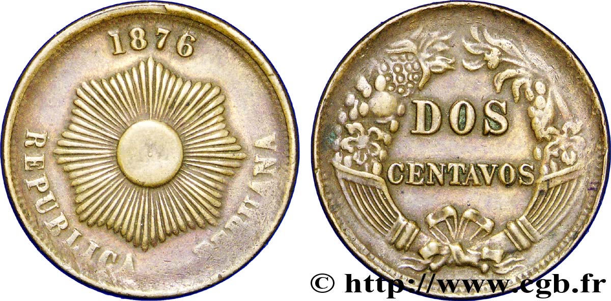 PERU 2 Centavos Soleil 1876  XF 