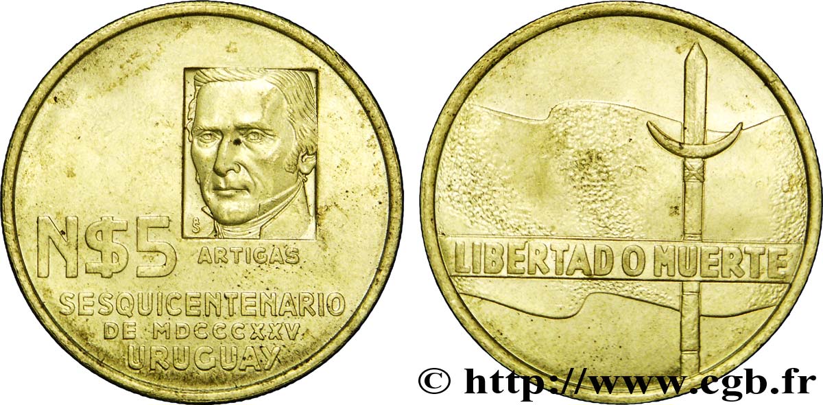 URUGUAY 5 Nuevos Pesos 150e anniversaire de l’Indépendance 1975 Santiago du Chili SPL 