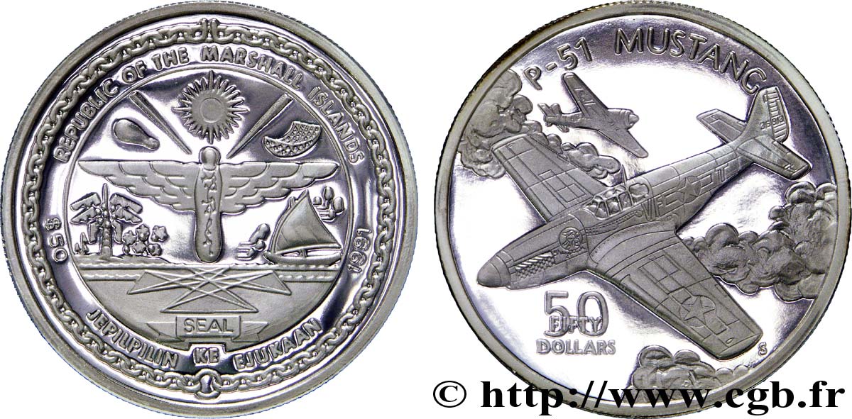 MARSHALL ISLANDS 50 Dollars avions de la seconde guerre mondiale : armes / P-51 mustang 1991 Sunshine Mining Mint - S MS 