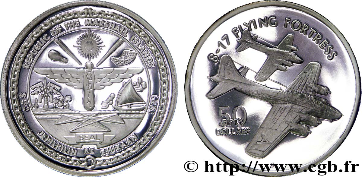 MARSHALL ISLANDS 50 Dollars avions de la seconde guerre mondiale : armes / B-17 forteresse volante 1991 Sunshine Mining Mint - S MS 