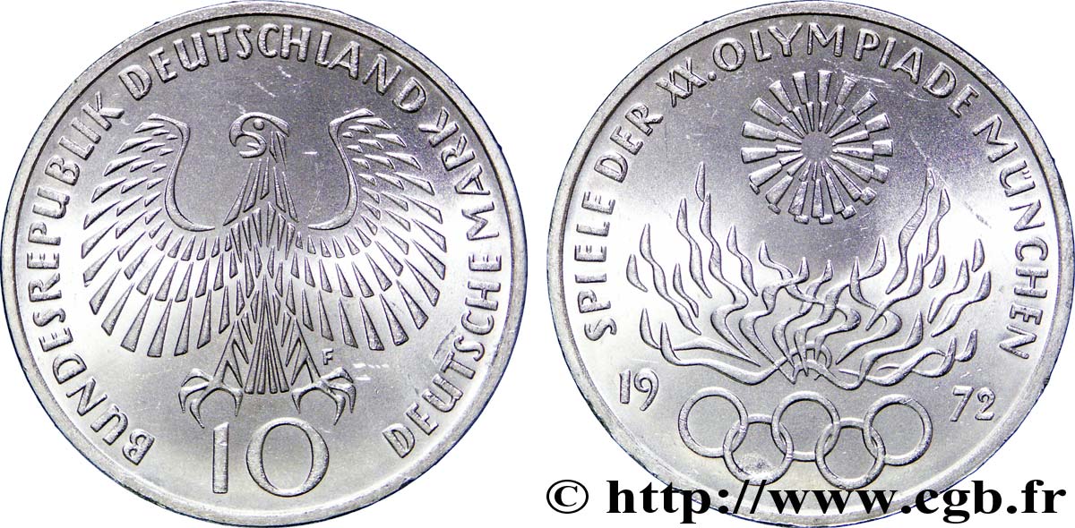 GERMANIA 10 Mark BE (Proof) XXe J.O. Munich : aigle / flamme olympique 1972 Stuttgart - F MS 