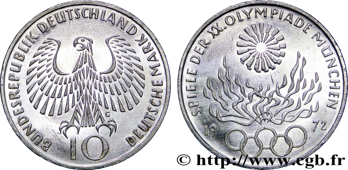 GERMANY 10 Mark XXe J.O. Munich - Flamme olympique 1972 Karlsruhe MS 