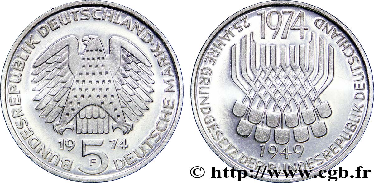 DEUTSCHLAND 5 Mark aigle héraldique / 25e anniversaire de la République Fédérale 1974 Stuttgart - F fST 