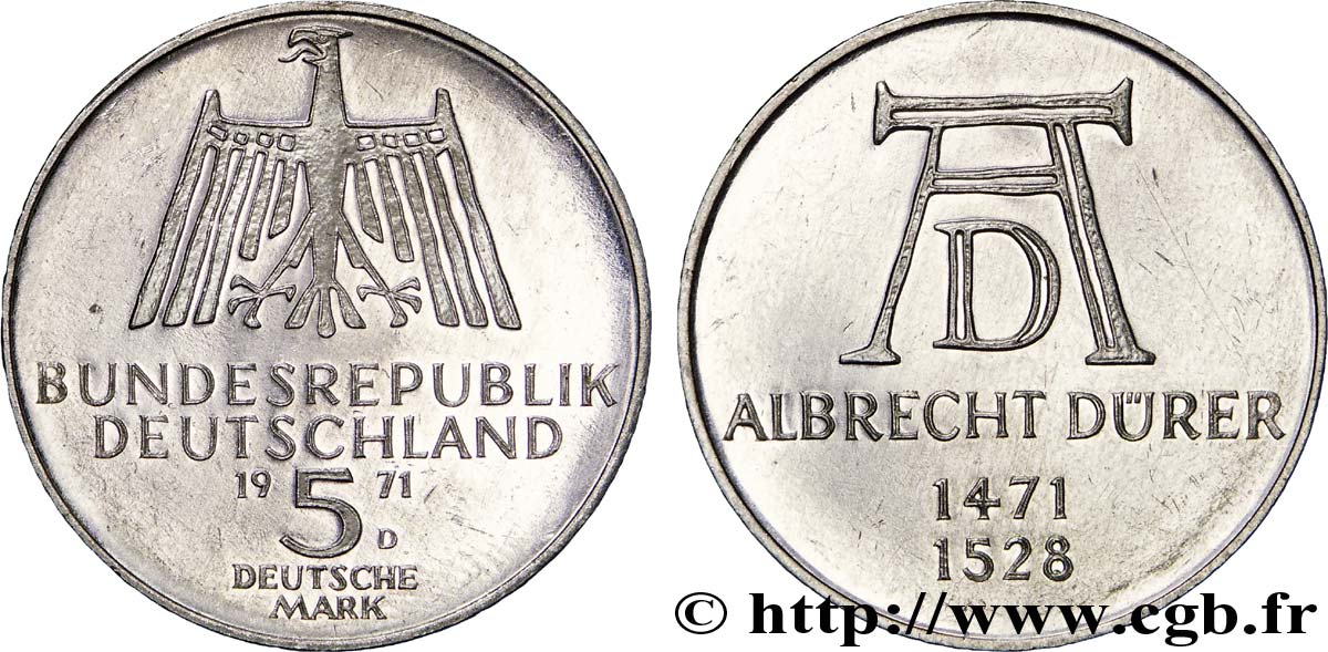 ALLEMAGNE 5 Mark aigle héraldique / monogramme du peintre, graveur et mathématicien Albrecht Dürer 1971 Munich - D SUP 