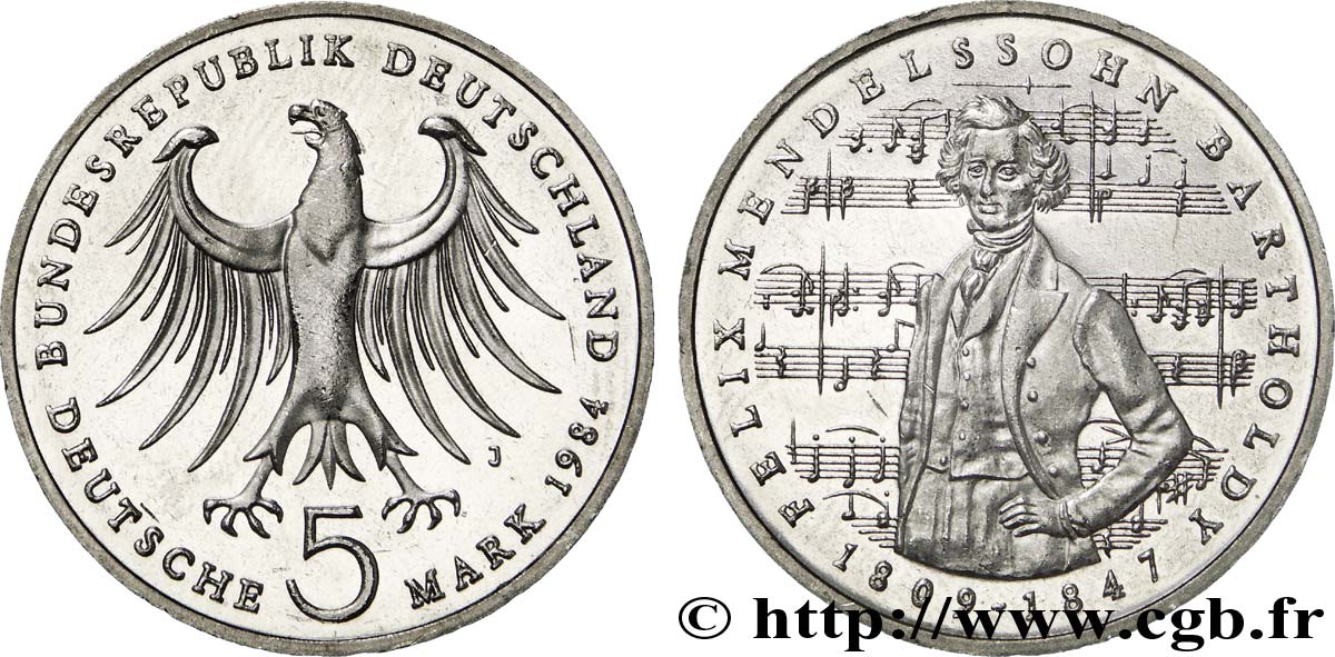 GERMANY 5 Mark / Félix Mendelssohn Bartholdy 1984 Hambourg - J AU 