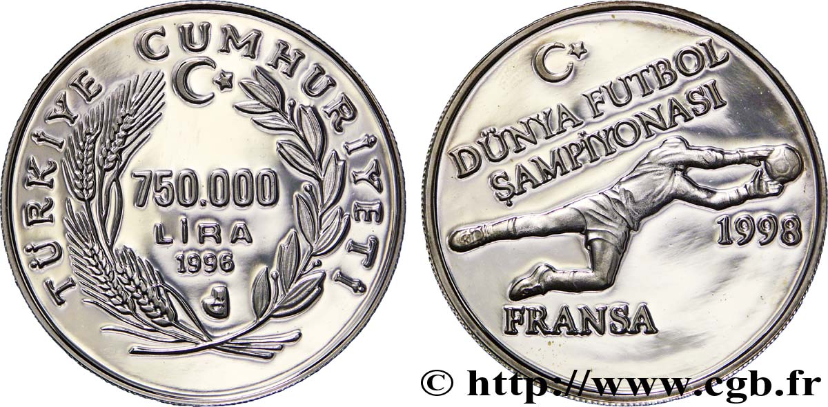 TURKEY 750.000 Lira emblème / coupe du Monde de football 1998 1996  MS 