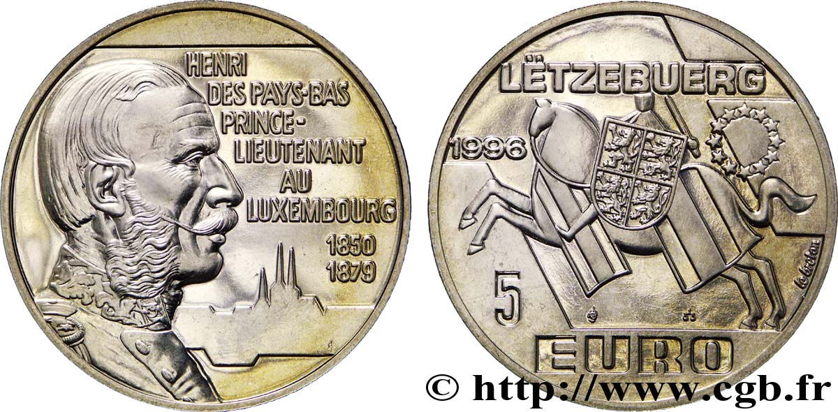 LUXEMBURGO 5 Euro chevalier / prince-lieutenant Henri d Orange Nassau  1996  Utrecht FDC 
