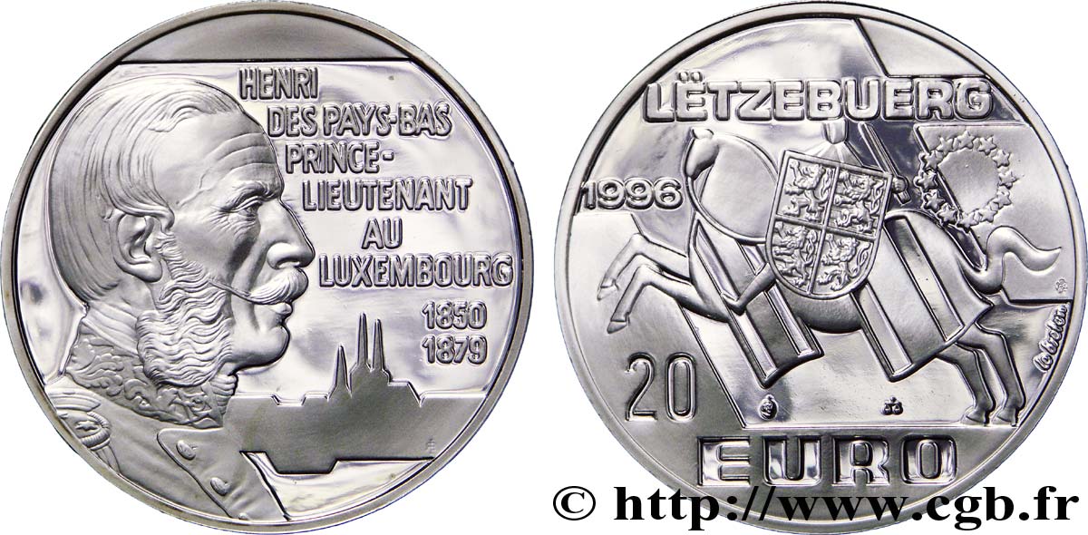 LUSSEMBURGO 20 Euro chevalier / prince-lieutenant Henri d Orange Nassau  1996  Utrecht FDC 