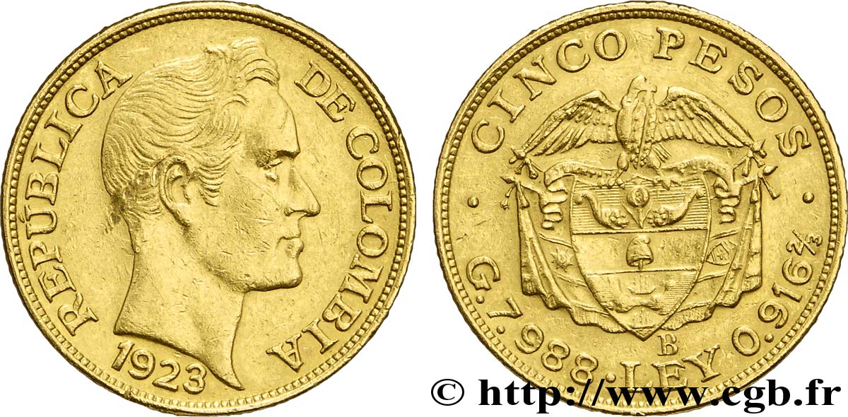 COLOMBIA 5 Pesos or type grosse tête emblème / Simon Bolivar 1923  XF 