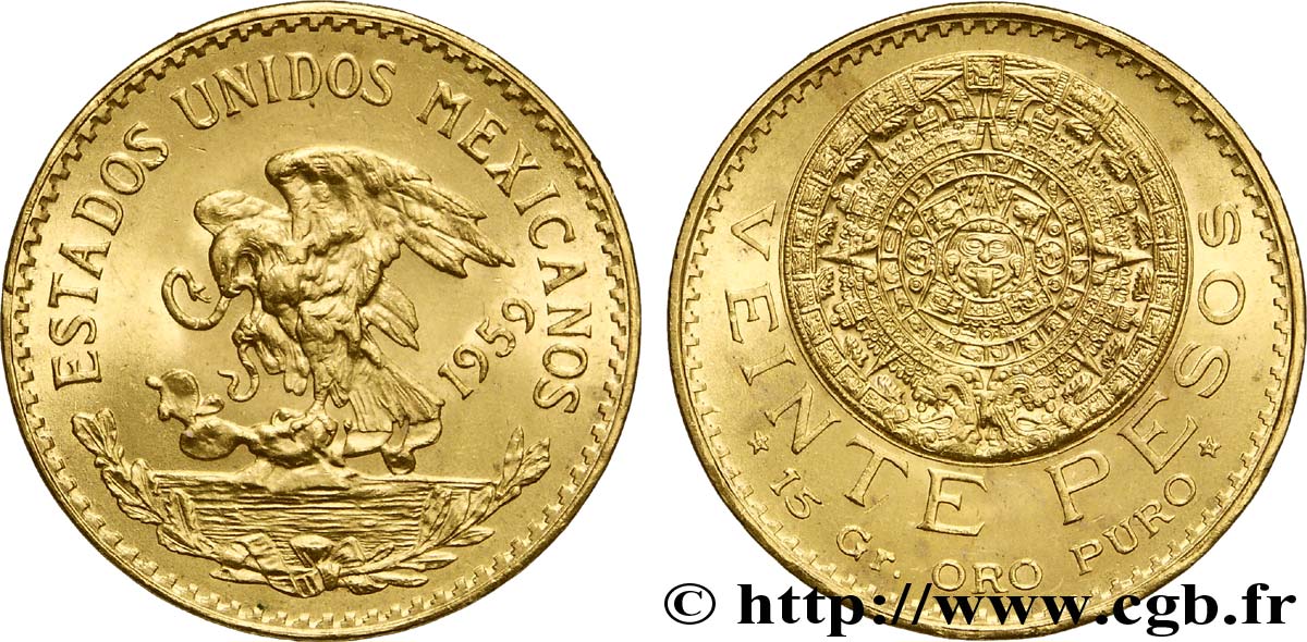 MESSICO 20 Pesos or Aigle du Mexique / la “Pierre du Soleil” (calendrier aztèque) 1959 Mexico MS 