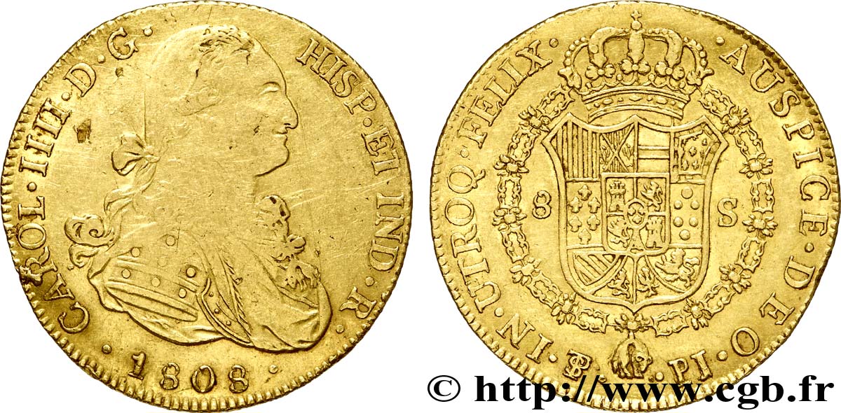 BOLIVIA 8 Escudos or Charles IIII d’Espagne / écu couronné 1808 Potosi BC+/MBC 